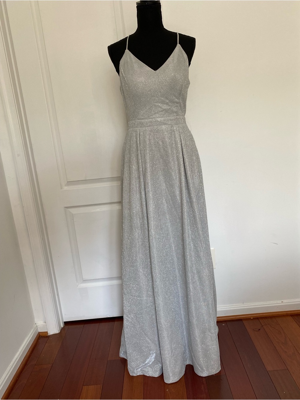 Silver Glitter Spaghetti-Strap Evening Gown